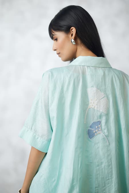 Shop_Nachiket Barve_Teal Silk, Tussar Embroidery Collared Ginkgo Crushed Shirt And Pant Set _Online_at_Aza_Fashions