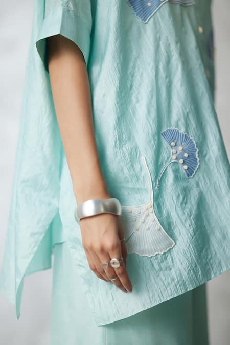 Nachiket Barve_Teal Silk, Tussar Embroidery Collared Ginkgo Crushed Shirt And Pant Set _at_Aza_Fashions