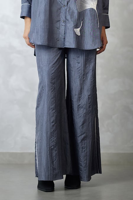 Buy_Nachiket Barve_Gray Silk Embroidery Collared Ginkgo Crushed Shirt And Pant Set _Online_at_Aza_Fashions