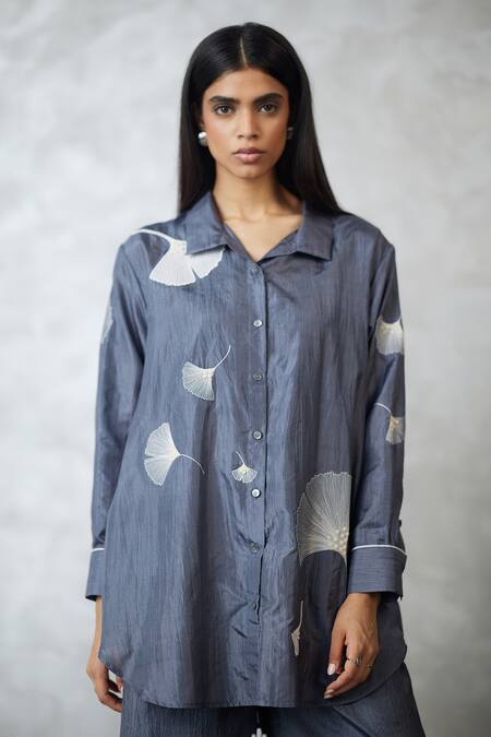 Shop_Nachiket Barve_Gray Silk Embroidery Collared Ginkgo Crushed Shirt And Pant Set _Online_at_Aza_Fashions