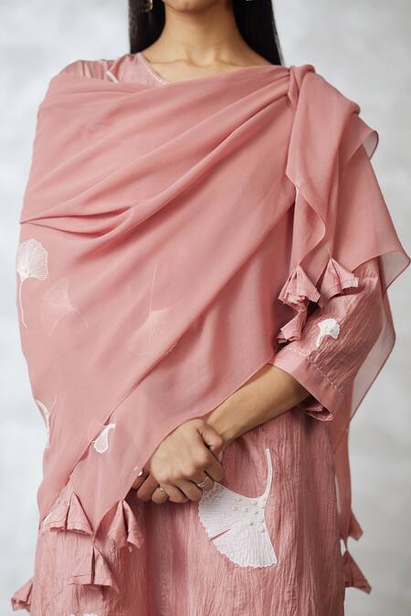 Nachiket Barve_Pink Silk, Tussar, Georgette Embroidery, Tassels Round Ginkgo Crushed Kurta Set _Online_at_Aza_Fashions