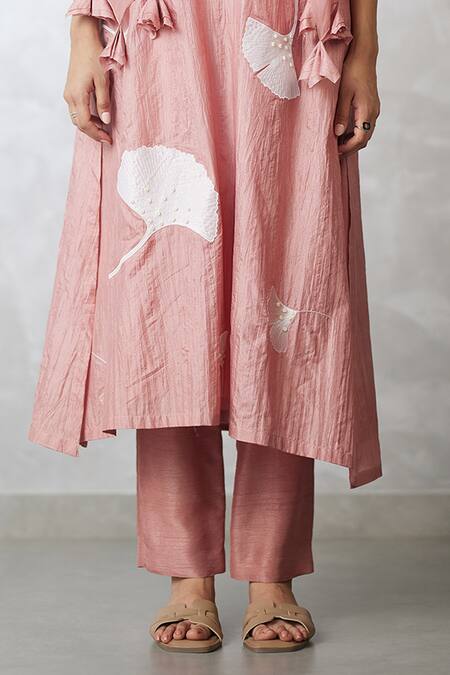 Buy_Nachiket Barve_Pink Silk, Tussar, Georgette Embroidery, Tassels Round Ginkgo Crushed Kurta Set _Online_at_Aza_Fashions