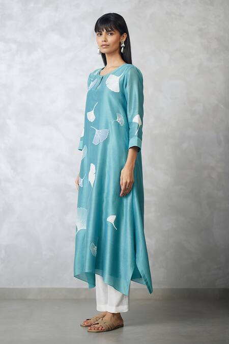Nachiket Barve_Teal Chanderi, Shantoon Embroidery Keyhole Neck Ginkgo Trapezium Tunic _Online_at_Aza_Fashions
