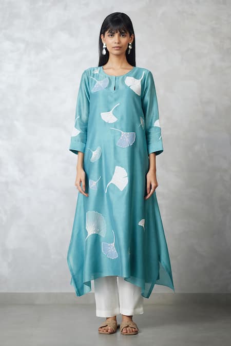 Nachiket Barve Teal Chanderi, Shantoon Embroidery Keyhole Neck Ginkgo Trapezium Tunic