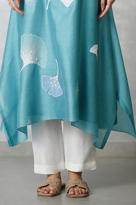 Buy_Nachiket Barve_Teal Chanderi, Shantoon Embroidery Keyhole Neck Ginkgo Trapezium Tunic _Online_at_Aza_Fashions