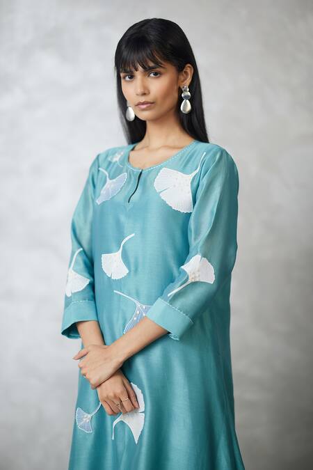Shop_Nachiket Barve_Teal Chanderi, Shantoon Embroidery Keyhole Neck Ginkgo Trapezium Tunic _Online_at_Aza_Fashions