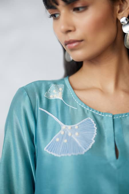 Nachiket Barve_Teal Chanderi, Shantoon Embroidery Keyhole Neck Ginkgo Trapezium Tunic _at_Aza_Fashions