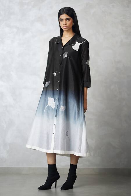 Nachiket Barve_Black Chanderi Embroidery Collared Ginkgo Ombre Shirt Dress _Online_at_Aza_Fashions