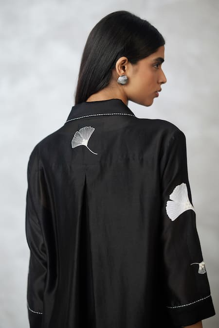 Buy_Nachiket Barve_Black Chanderi Embroidery Collared Ginkgo Ombre Shirt Dress _Online_at_Aza_Fashions