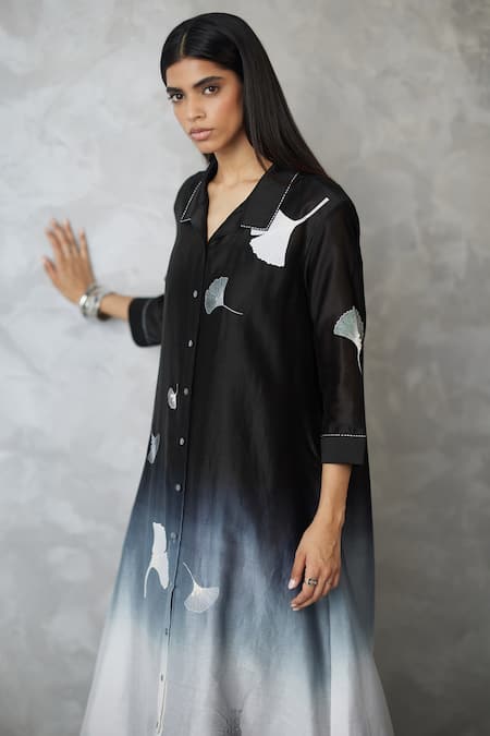 Nachiket Barve_Black Chanderi Embroidery Collared Ginkgo Ombre Shirt Dress _at_Aza_Fashions