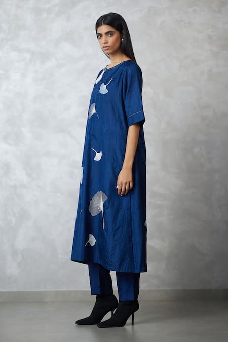 Nachiket Barve_Blue Silk Embroidery Round Neck Indigo Ginkgo Crushed Tunic _Online_at_Aza_Fashions