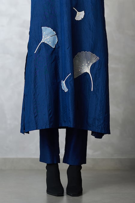 Buy_Nachiket Barve_Blue Silk Embroidery Round Neck Indigo Ginkgo Crushed Tunic _Online_at_Aza_Fashions
