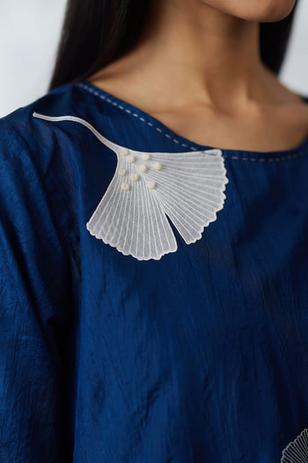 Shop_Nachiket Barve_Blue Silk Embroidery Round Neck Indigo Ginkgo Crushed Tunic _Online_at_Aza_Fashions