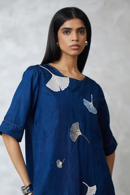 Nachiket Barve_Blue Silk Embroidery Round Neck Indigo Ginkgo Crushed Tunic _at_Aza_Fashions