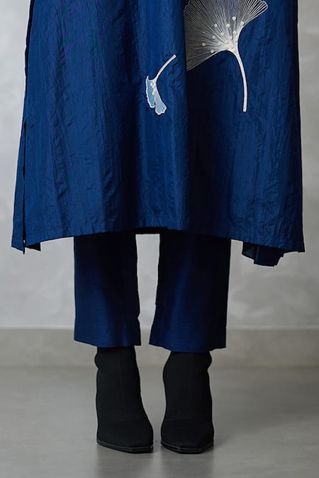 Buy_Nachiket Barve_Blue Silk, Tussar Applique, Embroidery Round Ginkgo Crushed Kurta And Pant Set _Online_at_Aza_Fashions
