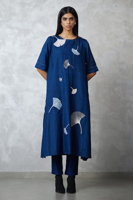 Nachiket Barve Blue Silk, Tussar Applique, Embroidery Round Ginkgo Crushed Kurta And Pant Set 