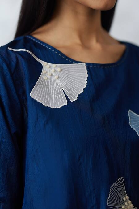 Shop_Nachiket Barve_Blue Silk, Tussar Applique, Embroidery Round Ginkgo Crushed Kurta And Pant Set _Online_at_Aza_Fashions