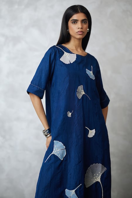 Nachiket Barve_Blue Silk, Tussar Applique, Embroidery Round Ginkgo Crushed Kurta And Pant Set _at_Aza_Fashions