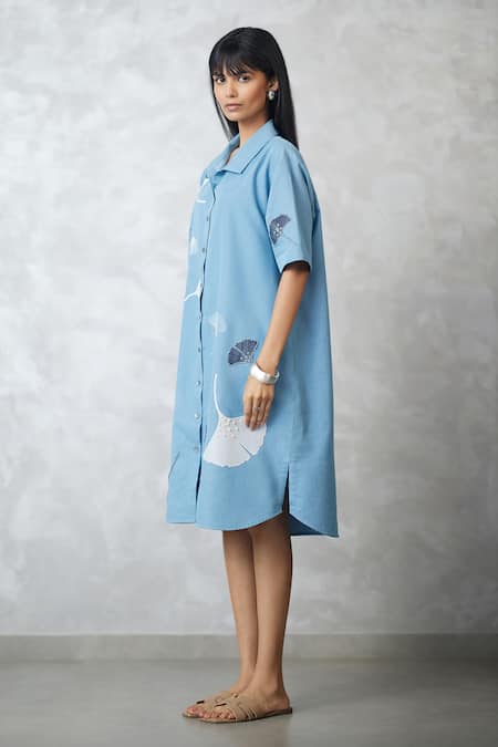 Nachiket Barve_Blue Denim Embroidery Collared Ginkgo Dress _Online_at_Aza_Fashions
