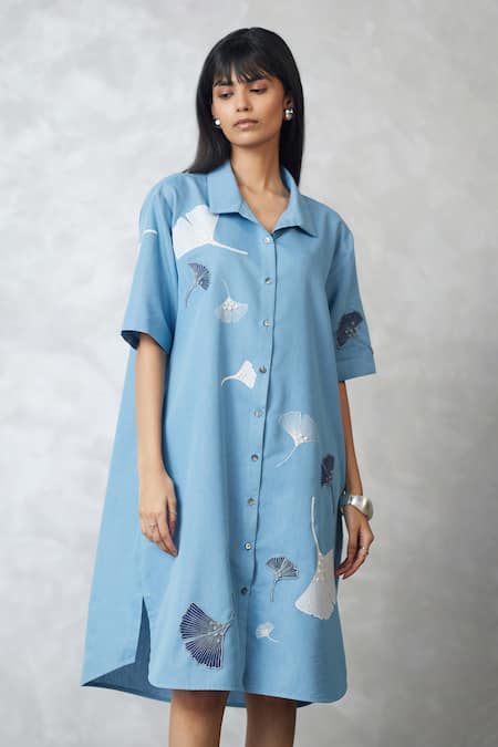 Buy_Nachiket Barve_Blue Denim Embroidery Collared Ginkgo Dress _Online_at_Aza_Fashions