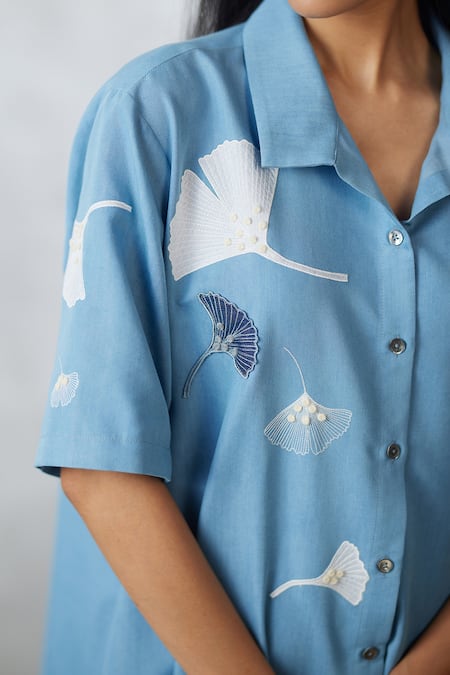 Shop_Nachiket Barve_Blue Denim Embroidery Collared Ginkgo Dress _Online_at_Aza_Fashions