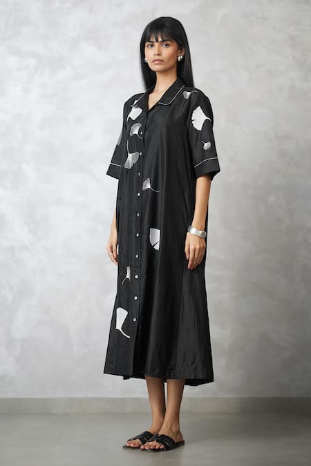 Nachiket Barve_Black Silk Embroidery Collared Ginkgo Crushed Shirt Dress _Online_at_Aza_Fashions
