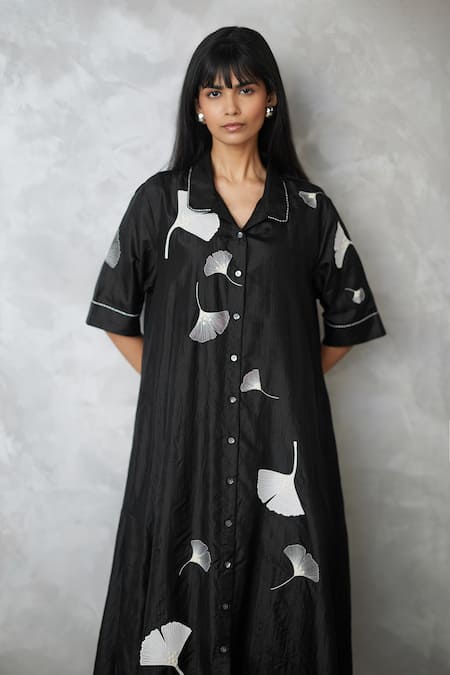 Buy_Nachiket Barve_Black Silk Embroidery Collared Ginkgo Crushed Shirt Dress _Online_at_Aza_Fashions