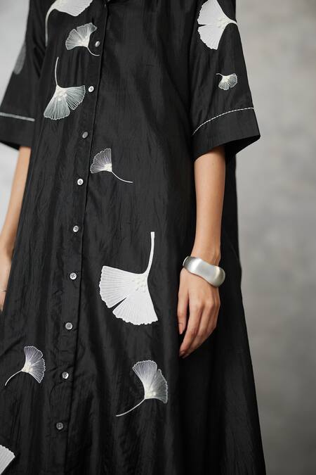 Shop_Nachiket Barve_Black Silk Embroidery Collared Ginkgo Crushed Shirt Dress _Online_at_Aza_Fashions