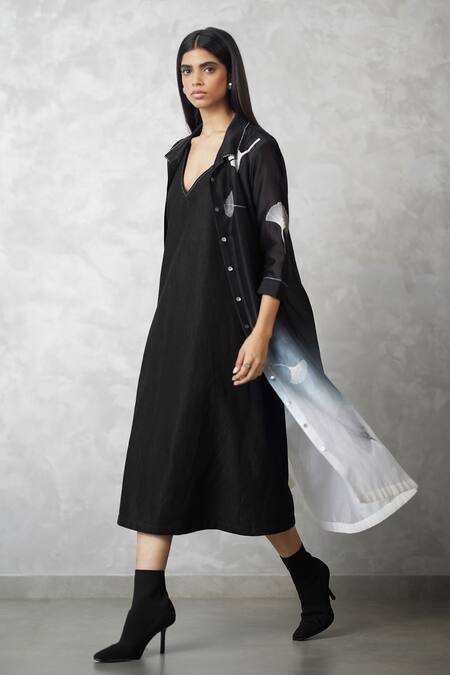 Nachiket Barve_Black Chanderi, Denim Embroidery Collared, Ginkgo Ombre Shirt Jacket And Dress _Online_at_Aza_Fashions