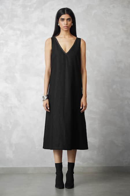 Buy_Nachiket Barve_Black Chanderi, Denim Embroidery Collared, Ginkgo Ombre Shirt Jacket And Dress _Online_at_Aza_Fashions