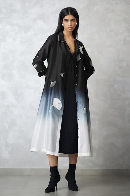 Nachiket Barve Black Chanderi, Denim Embroidery Collared, Ginkgo Ombre Shirt Jacket And Dress 