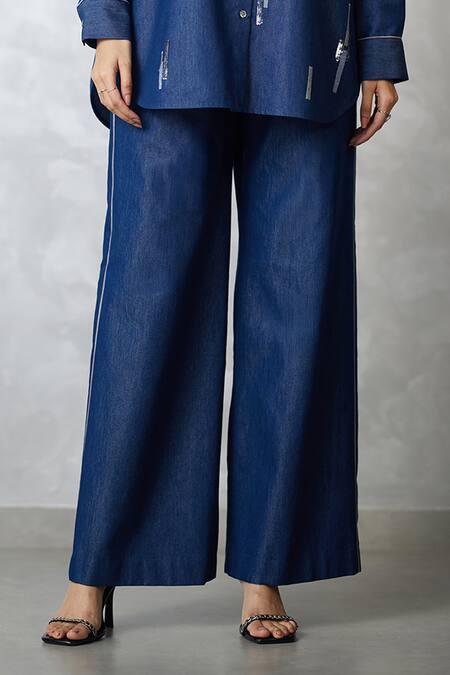 Nachiket Barve_Blue Denim Embroidery Collared Skyline Shirt And Pant Set _Online_at_Aza_Fashions