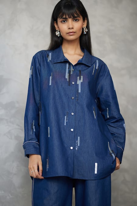 Buy_Nachiket Barve_Blue Denim Embroidery Collared Skyline Shirt And Pant Set _Online_at_Aza_Fashions