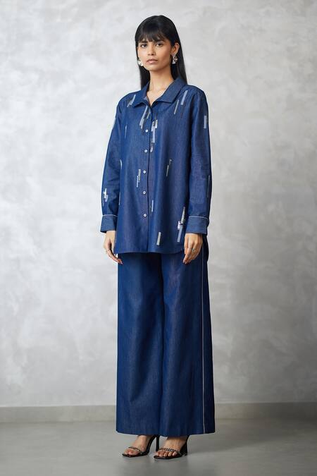 Shop_Nachiket Barve_Blue Denim Embroidery Collared Skyline Shirt And Pant Set _Online_at_Aza_Fashions