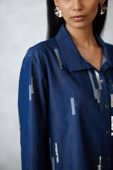 Nachiket Barve_Blue Denim Embroidery Collared Skyline Shirt And Pant Set _at_Aza_Fashions