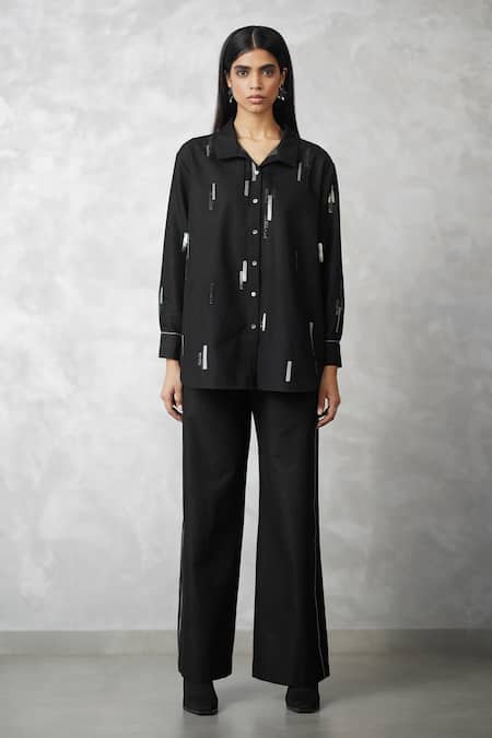 Buy_Nachiket Barve_Black Denim Metallic Thread Collared Shirt And Pant Set _Online_at_Aza_Fashions