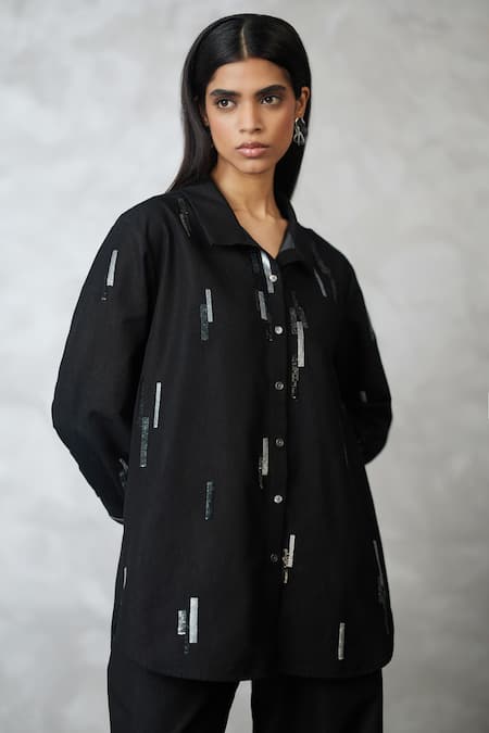 Shop_Nachiket Barve_Black Denim Metallic Thread Collared Shirt And Pant Set _Online_at_Aza_Fashions