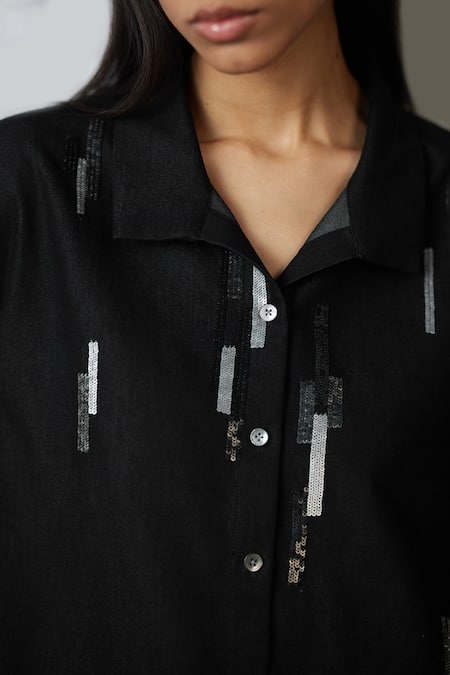 Nachiket Barve_Black Denim Metallic Thread Collared Shirt And Pant Set _at_Aza_Fashions