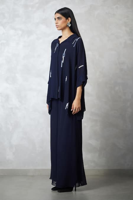 Nachiket Barve_Navy Georgette, Shantoon Sequins Collared Indigo Skyline Shirt And Pant Set _Online_at_Aza_Fashions