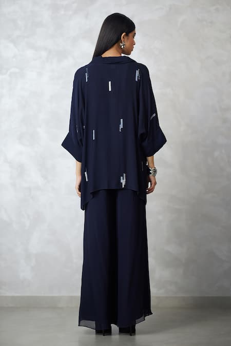 Nachiket Barve Indigo Skyline Georgette Shirt & Pant Set