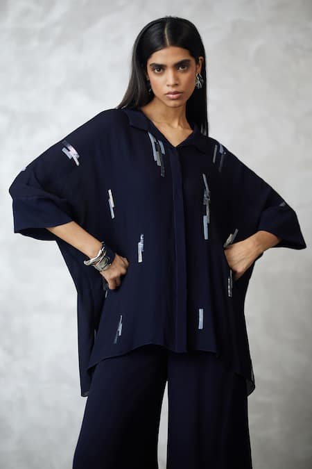 Buy_Nachiket Barve_Navy Georgette, Shantoon Sequins Collared Indigo Skyline Shirt And Pant Set _Online_at_Aza_Fashions