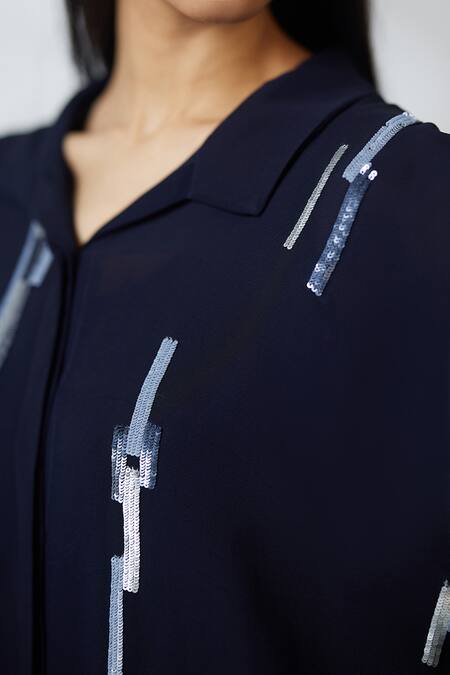 Shop_Nachiket Barve_Navy Georgette, Shantoon Sequins Collared Indigo Skyline Shirt And Pant Set _Online_at_Aza_Fashions