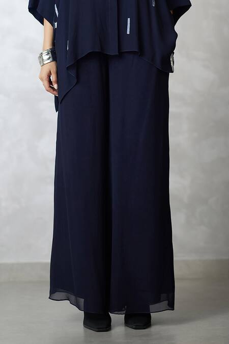 Nachiket Barve_Navy Georgette, Shantoon Sequins Collared Indigo Skyline Shirt And Pant Set _at_Aza_Fashions