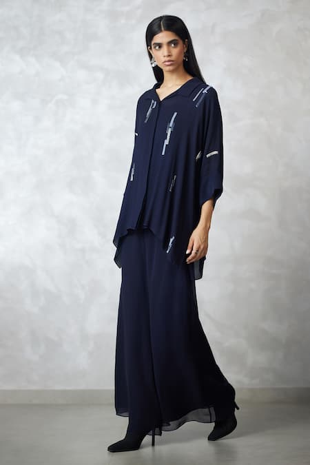 Nachiket Barve Navy Georgette, Shantoon Sequins Collared Indigo Skyline Shirt And Pant Set