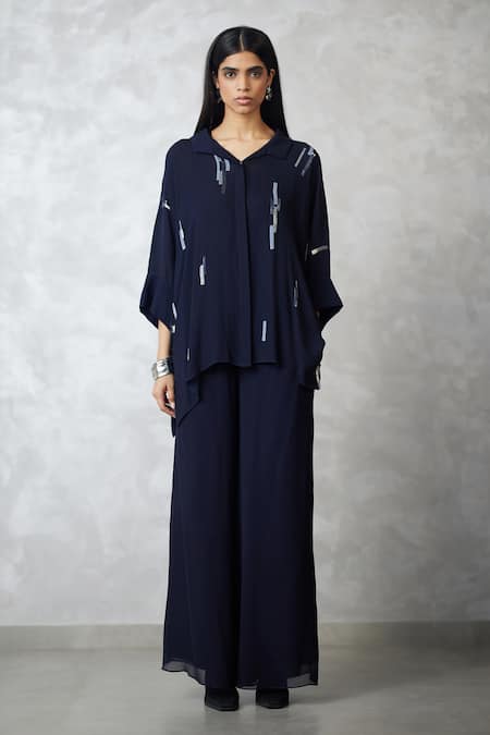 Buy_Nachiket Barve_Navy Georgette, Shantoon Sequins Collared Indigo Skyline Shirt And Pant Set 