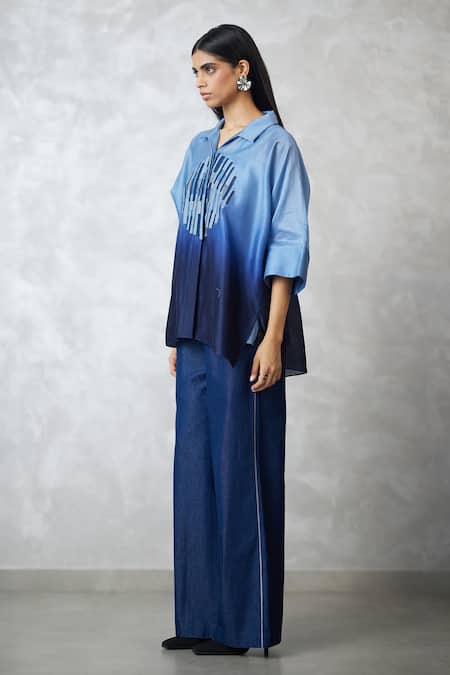 Nachiket Barve_Blue Chanderi, Denim Embroidery Ombre Skyline Circle Motif Shirt And Pant Set _Online_at_Aza_Fashions