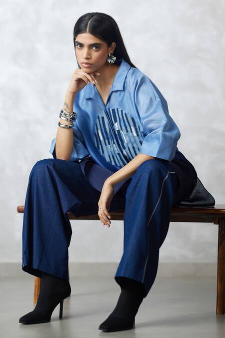 Buy_Nachiket Barve_Blue Chanderi, Denim Embroidery Ombre Skyline Circle Motif Shirt And Pant Set _Online_at_Aza_Fashions