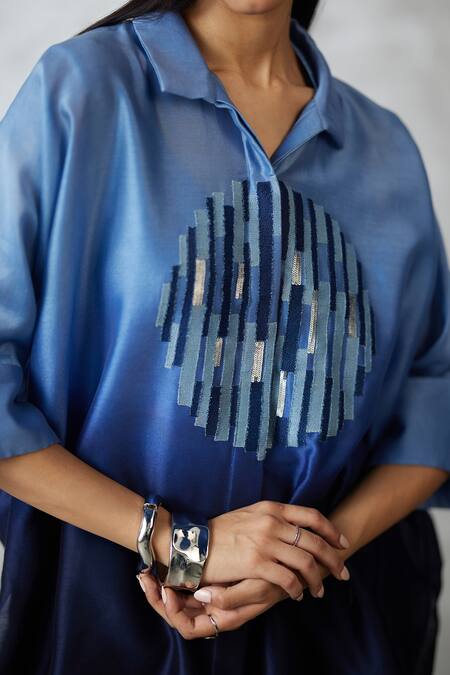 Shop_Nachiket Barve_Blue Chanderi, Denim Embroidery Ombre Skyline Circle Motif Shirt And Pant Set _Online_at_Aza_Fashions