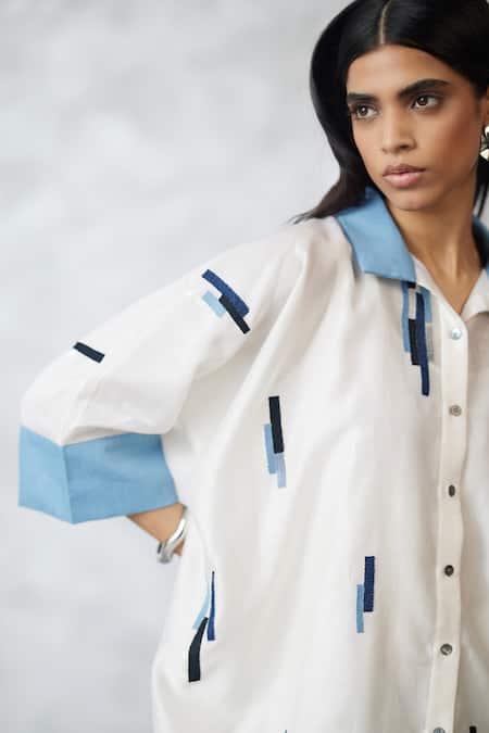 Nachiket Barve_Ivory Chanderi, Denim Embroidery Collared Skyline Shirt And Pant Set _Online_at_Aza_Fashions