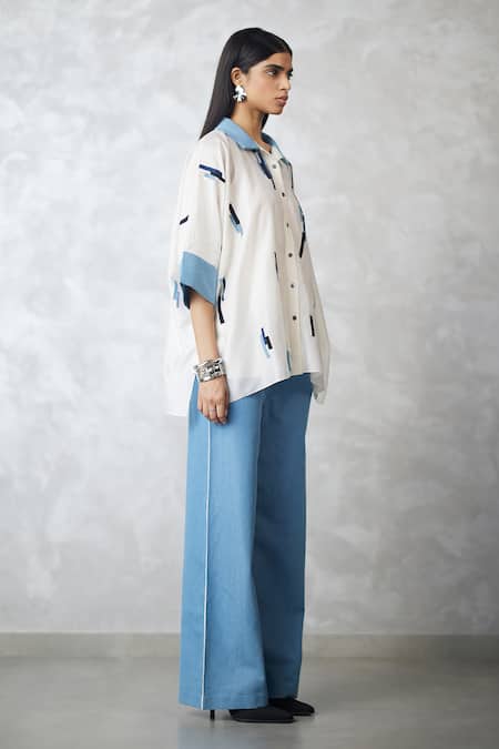 Buy_Nachiket Barve_Ivory Chanderi, Denim Embroidery Collared Skyline Shirt And Pant Set _Online_at_Aza_Fashions